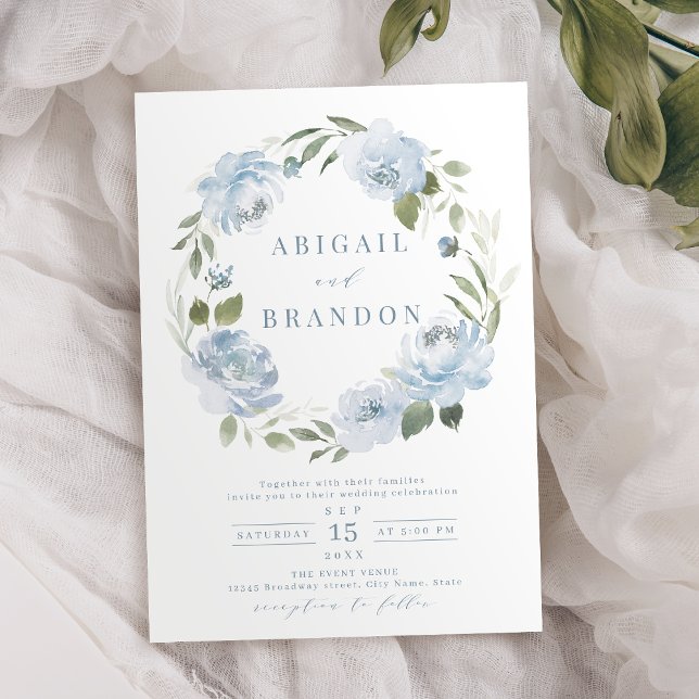 Convite Casamento de terra azul-floral, poeirento, jardim  (Romantic garden dusty blue floral wreath wedding invitation)
