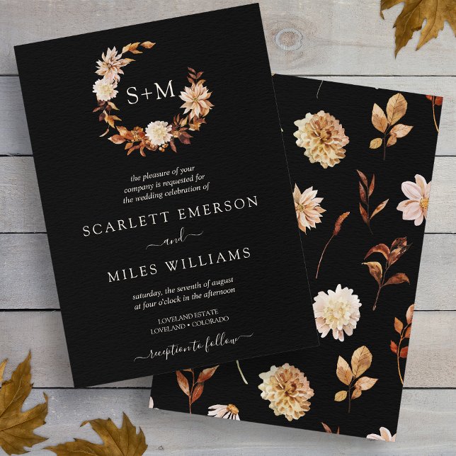 Convite Casamento de terra de terracotta monograma em qued (Black Fall Terracotta Monogram Wreath Wedding Invitation
)