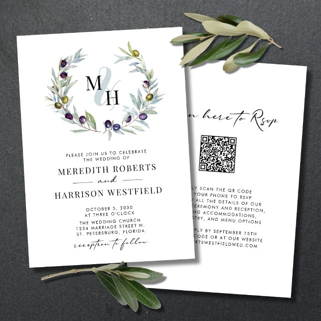Convite Casamento de Terra do Monograma em Branches de Oli (Wedding Invitation QR Code RSVP Olive Branch Wreath Monogram Logo Ampersand White)
