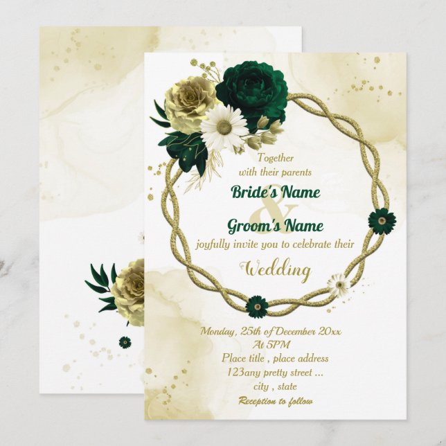 Convite Casamento de terra floral com ouro verde-marfim (Frente/Verso)