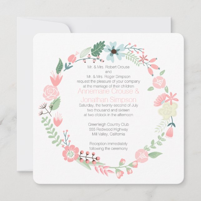 Convite Casamento De Terra Floral Rosa E Verde (Frente)