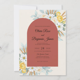 Convite Casamento de Terracota Amarelo Margarida Eucalipto