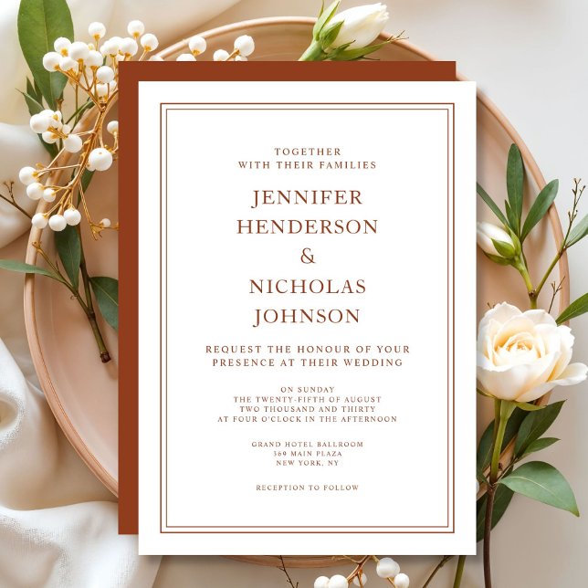 Convite Casamento de Terracota Clássico Formal Elegante (Elegant Classic Formal Terracotta Wedding Invitation)