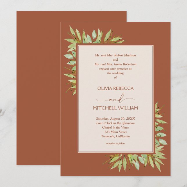 Convite Casamento de Terracota com Folhagem Botânica (Frente/Verso)