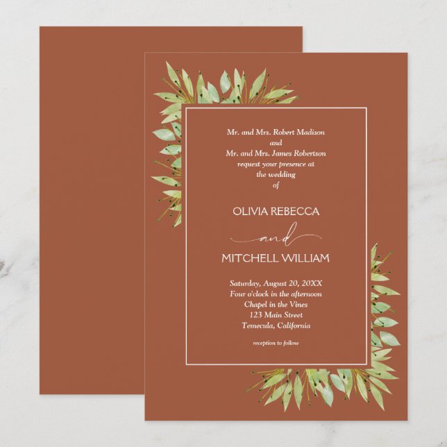 Convite Casamento de Terracota com Folhagem Botânica (Frente/Verso)