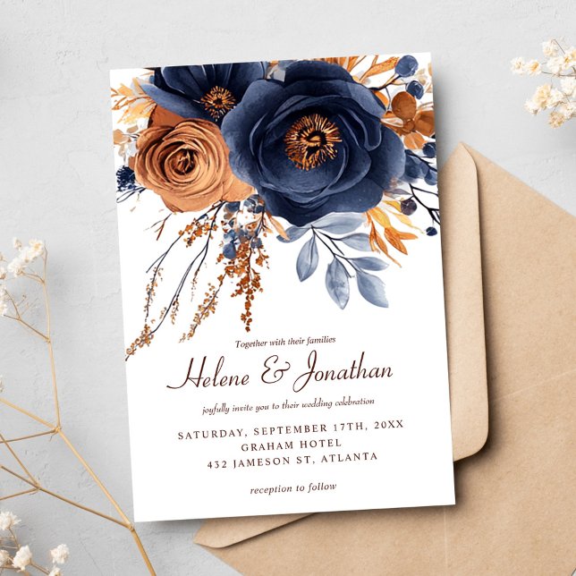 Convite Casamento de Terracotta Azul Marinho de Aquarela E (Elegant Watercolor Navy Blue Terracotta Wedding Invitation)