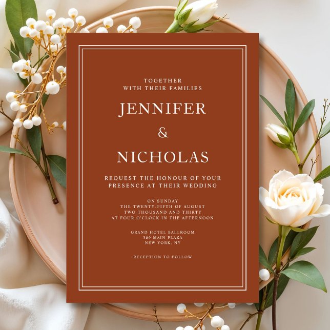 Convite Casamento de Terracotta Clássico Elegante (Elegant Classic Formal Terracotta Wedding Invitation)