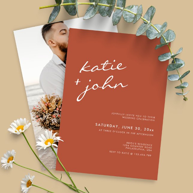 Convite Casamento de Terracotta com Caligrafia Minimalista (Criador carregado)