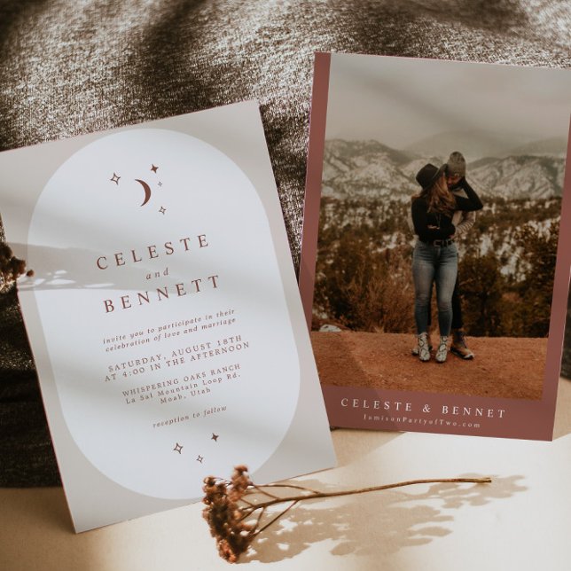 Convite Casamento de Terracotta de Boho Moon & Stars (Criador carregado)