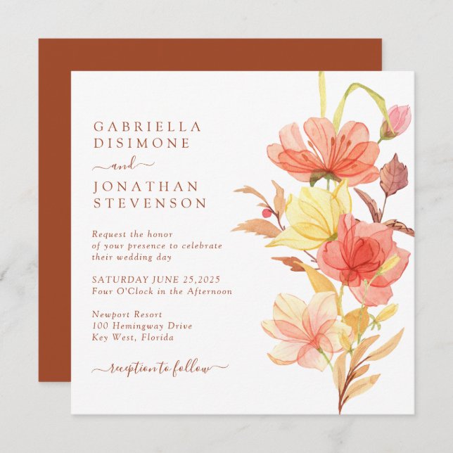 Convite Casamento de Terracotta de Ferrugem Floral de Aqua (Frente/Verso)