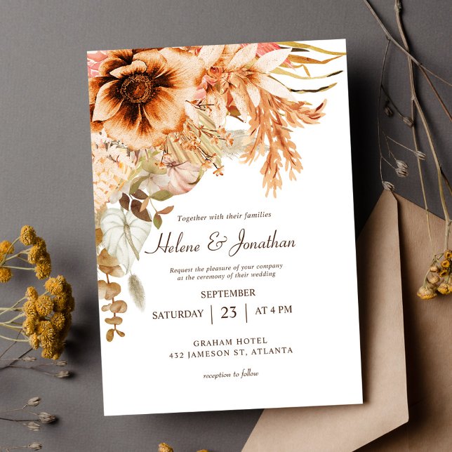 Convite Casamento de Terracotta de Queda Floral Elegante (Elegant Floral Fall Terracotta Wedding Invitation)