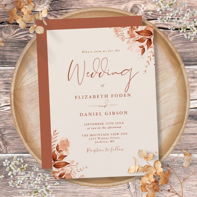 Convite Casamento de Terracotta Floral Russo de outono (Autumn Fall Rustic Floral Terracotta Wedding Invitation)
