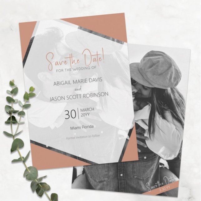 Convite Casamento de Terracotta Moderno Minimalista Salve  (Modern Terracotta Minimalist Wedding Save the Date with Black and White Photo)