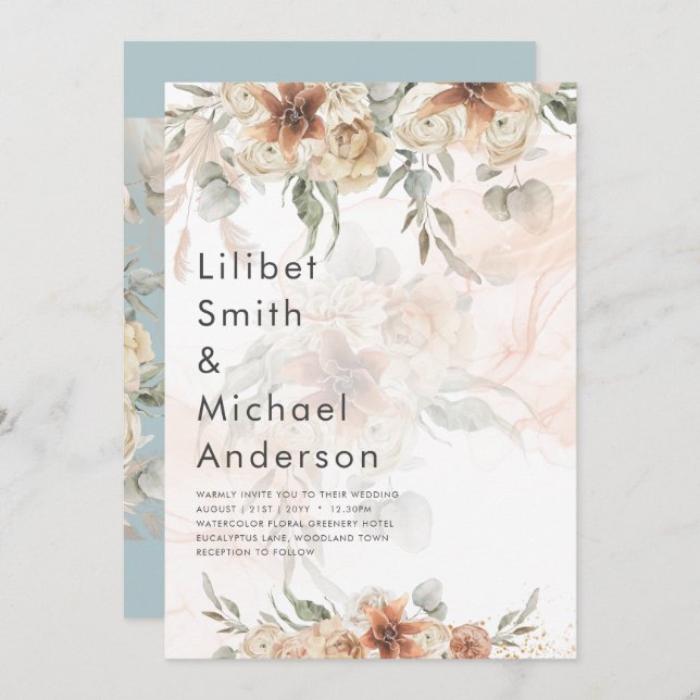 Convite Casamento de Terracotta Pampas Grass BOHO (Frente/Verso)