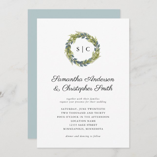 Convite Casamento de Terrenos Claros de Greenery Wreath Mo (Frente/Verso)
