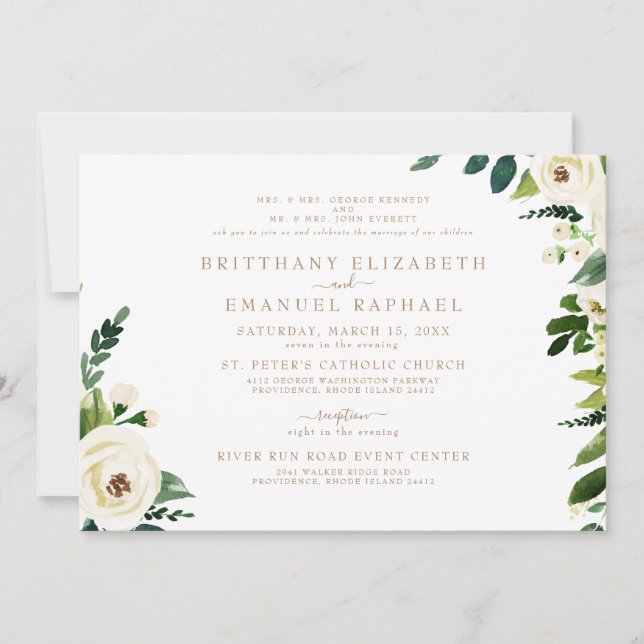Convite Casamento de Texto Dourado dos Pais Branco Simples (Frente)