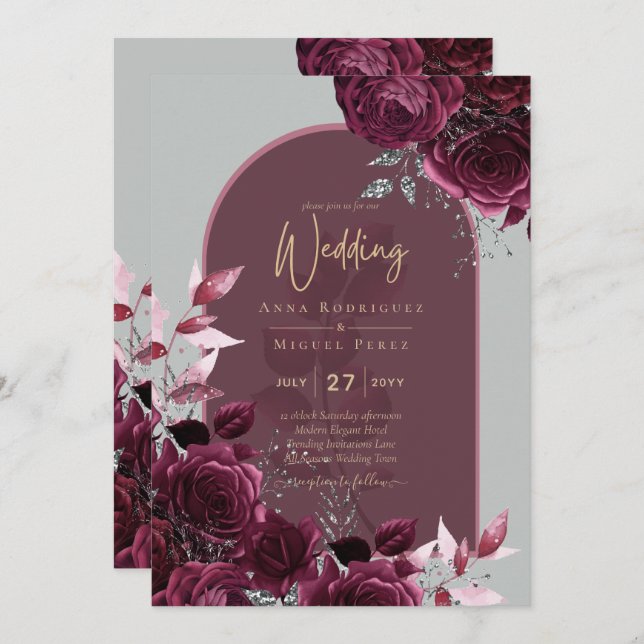 Convite Casamento de Texto Dourado dos Rosas de Borgonha (Frente/Verso)