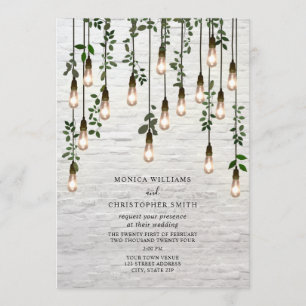 Convite Casamento de tijolos Brancos de Lâmpadas Botânicas