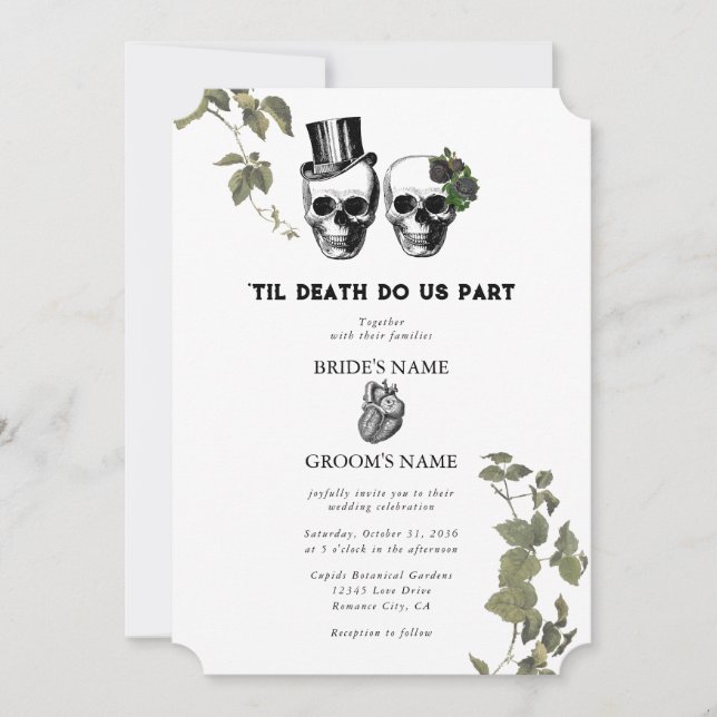 Convite Casamento de Til Death Gothic Heart Floral Skulls (Frente)