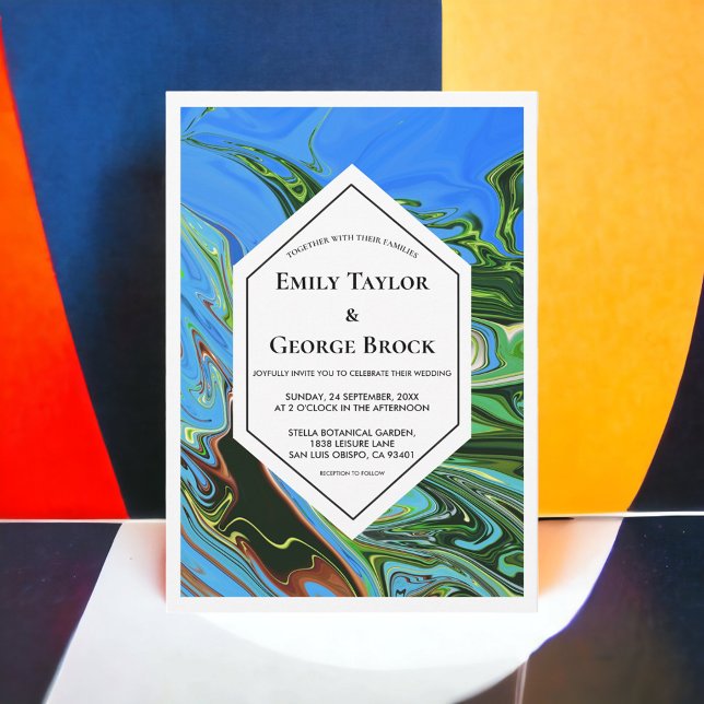 Convite Casamento de Tinta Abstrato Verde Azul Mínimo Eleg (Criador carregado)