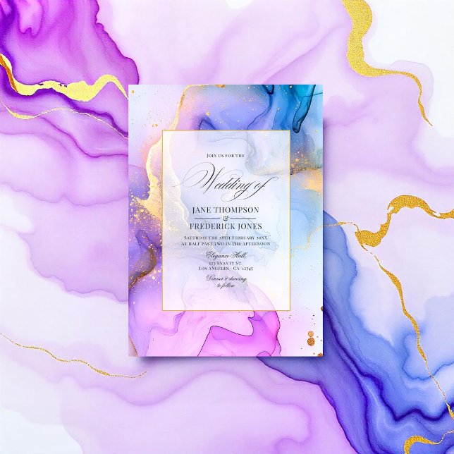 Convite Casamento de Tinta Alcoólica Elegante (Elegant Flowing Alcohol Ink Wedding Invitation)