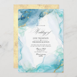 Convite Casamento de Tinta Azul e Dourada Marble Elegante