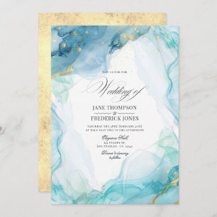 Convite Casamento de Tinta Azul e Dourada Marble Elegante