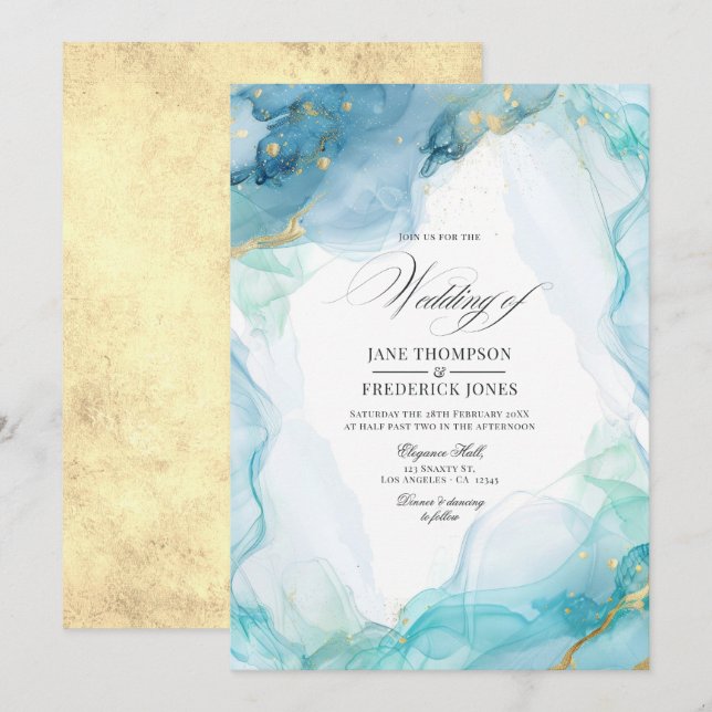 Convite Casamento de Tinta de Mármore Azul e Dourado Elega (Frente/Verso)