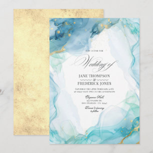 Convite Casamento de Tinta de Mármore Azul e Dourado Elega