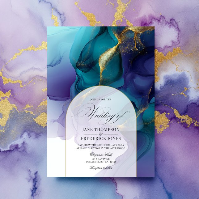 Convite Casamento de tinta Dourada, azul e roxa elegante (Elegant Purple, Blue, and Gold Flowing Ink Wedding Invitation)