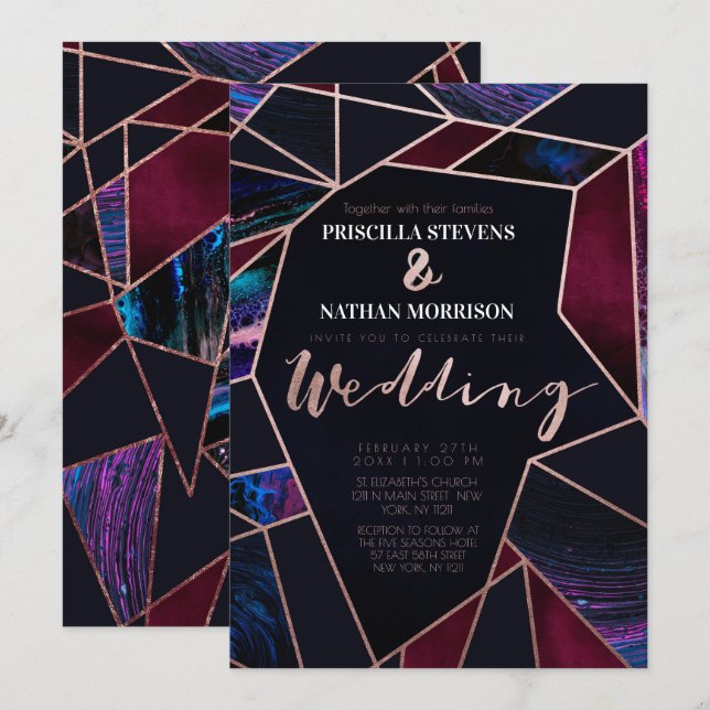 Convite Casamento de Tinta Líquida Rosa Luxuriosa (Frente/Verso)