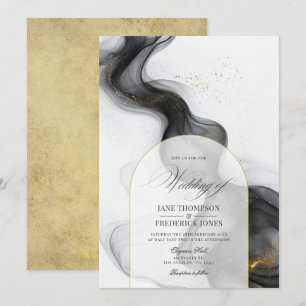 Convite Casamento de Tinta Marmoreada Preta e Dourada Eleg