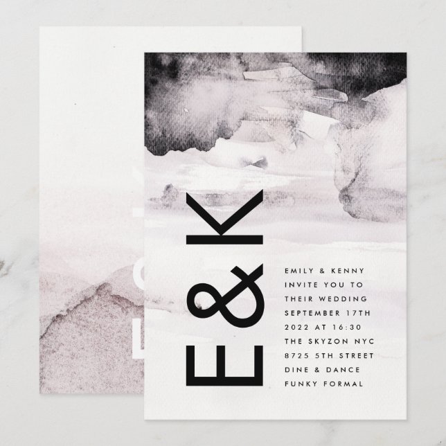 Convite Casamento de Tinta Negra Neutra de Gênero Moderno (Frente/Verso)