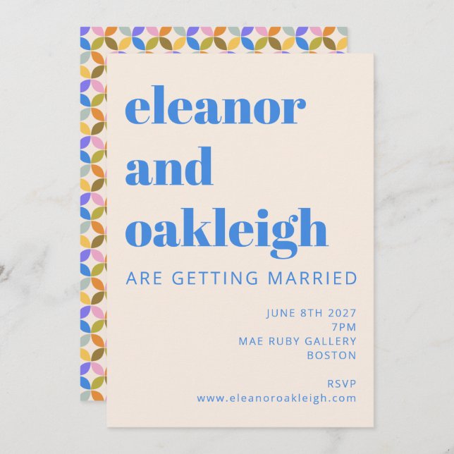 Convite Casamento de Tipografia Azul Geométrica Moderna Co (Frente/Verso)