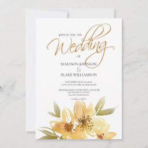 Convite Casamento de Tipografia Floral Amarela-Aquarela