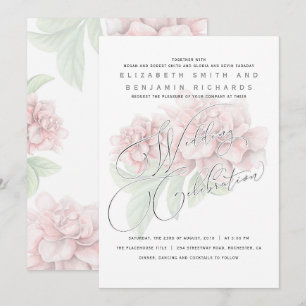 Convite Casamento de Tipografia Floral Rosa Suave e Elegan