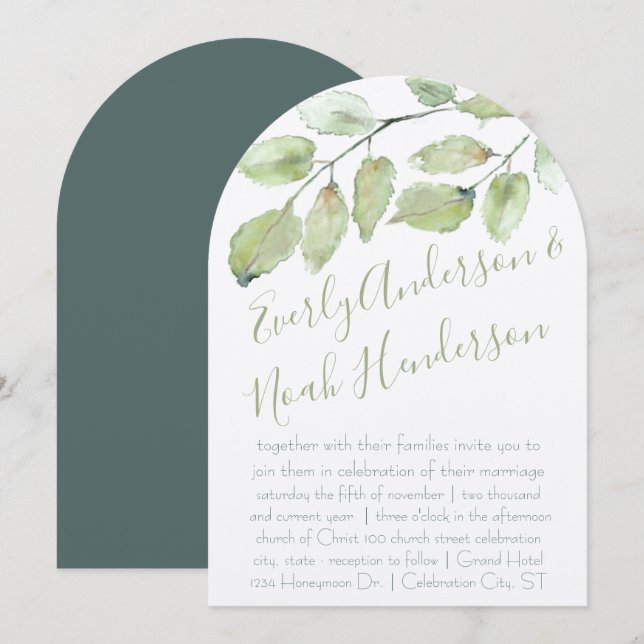 Convite Casamento de Tipografia Neo Mint Greenery Outono (Frente/Verso)