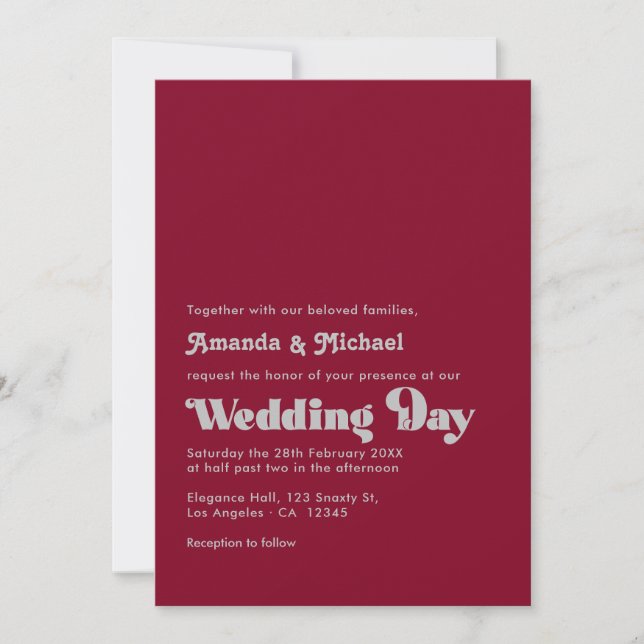 Convite Casamento de Tipografia Prateada e Burgundy Deslum (Frente)