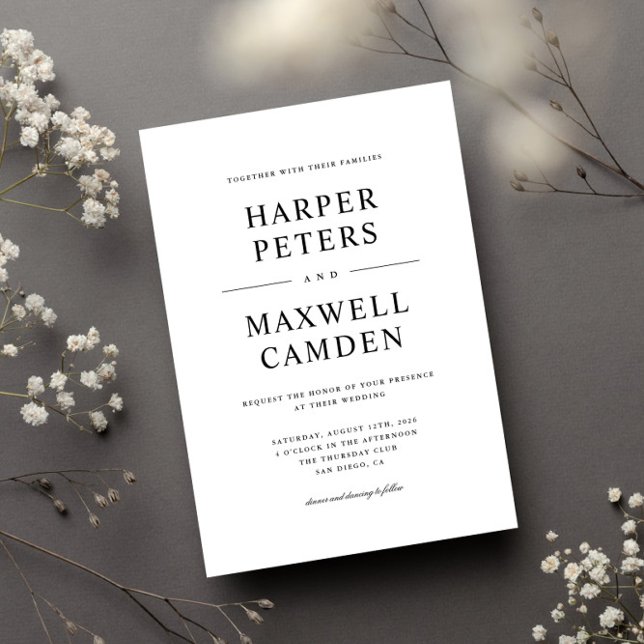 Convite Casamento de Tipografia Simples Preto e Branco (Criador carregado)