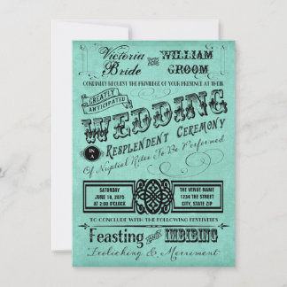 Convite Casamento de Tipografia Vintage Azul Turquesa