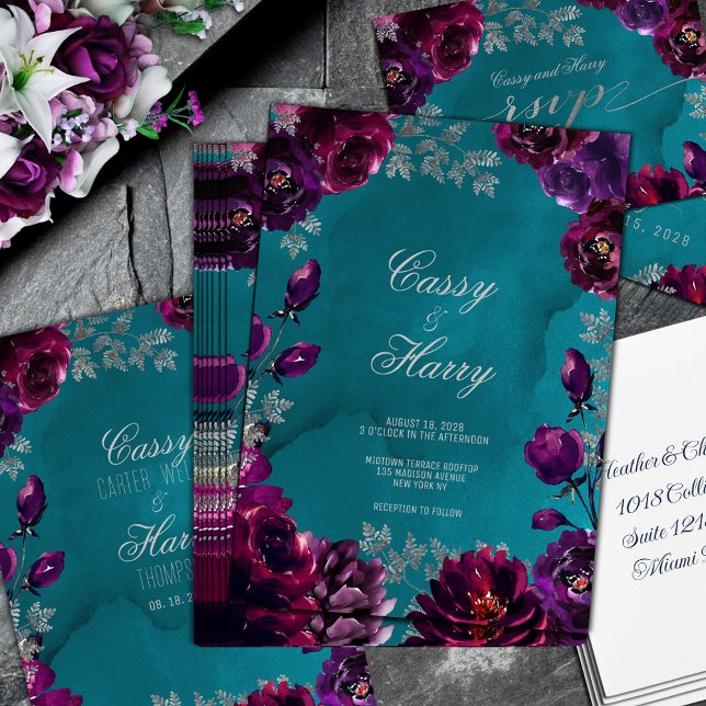 Convite Casamento de Tom de Teal Jewel de Garnet Ametist (Amethyst Garnet Teal Jewel Tone Wedding Invitation in deep purple amethyst and garnet burgundy red)