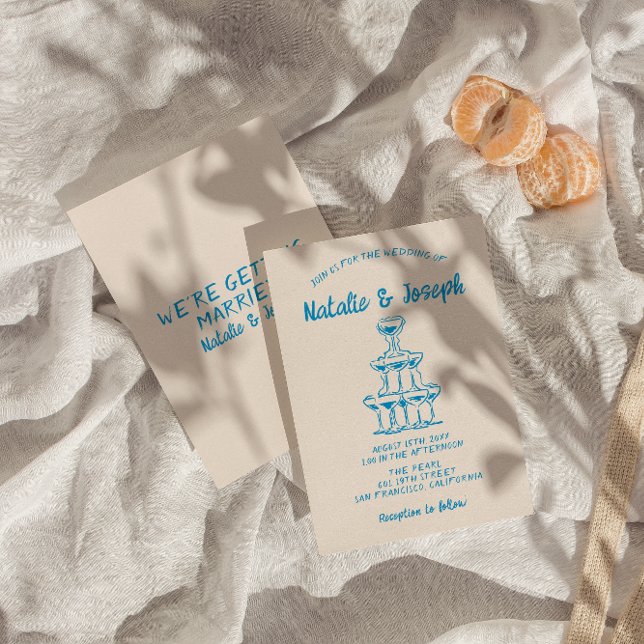 Convite Casamento de Torre Azul Retro-Champagne Desenhado  (Criador carregado)