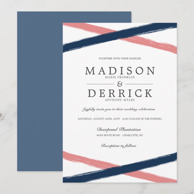 Convite Casamento de Traços de Pincel Moderno | Coral Mari (Frente/Verso)