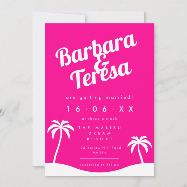 Convite Casamento de Trendy Beach, Barbiecore Rosa Moderno (Frente)