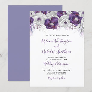 Convite Casamento de Trendy Purple Silver Watercolor Flora
