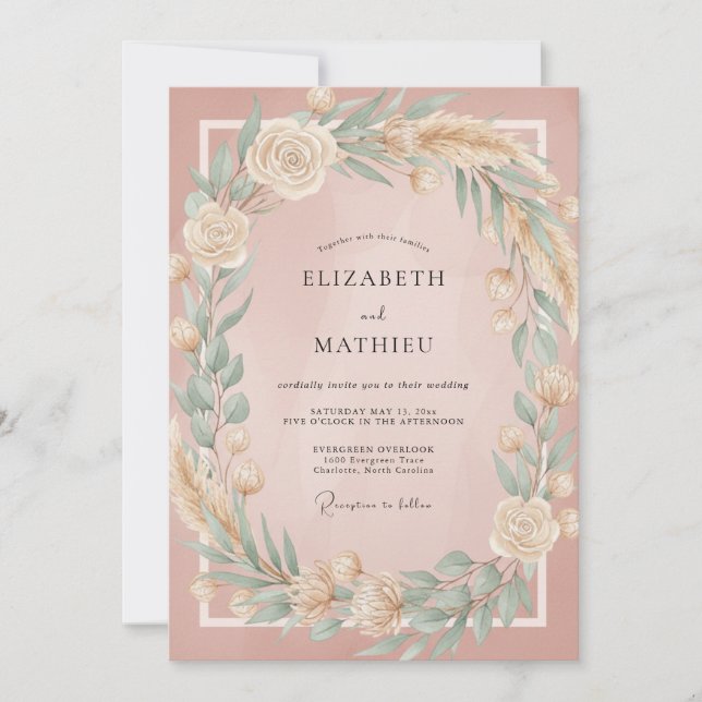 Convite Casamento de Trigo com Coroa de Champanhe (Frente)