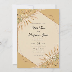 Convite Casamento de Trigo Eucalipto Pampas Dourado
