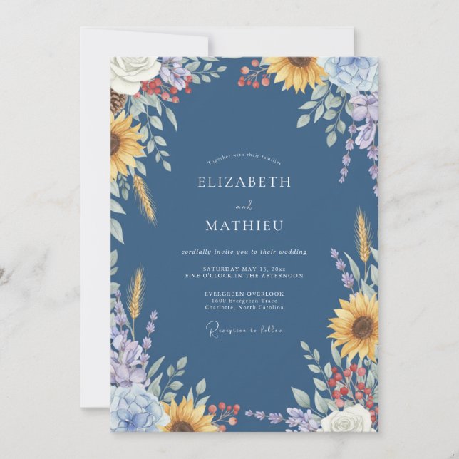 Convite Casamento de Trigo Girassol Slate Eucalipto (Frente)