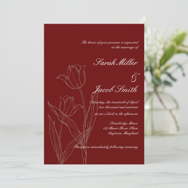 Convite Casamento de Tulip Minimalista Vermelho (Em pé/Frente)