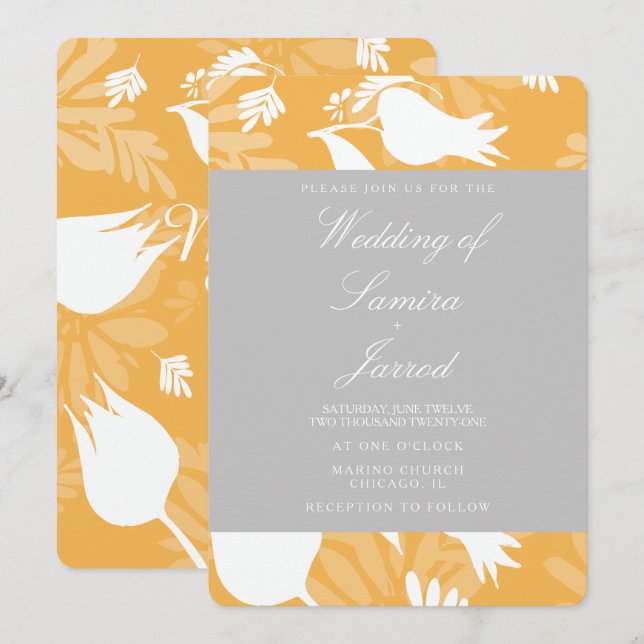 Convite Casamento de Tulipa Floral Amarela Cinza Botânica  (Frente/Verso)